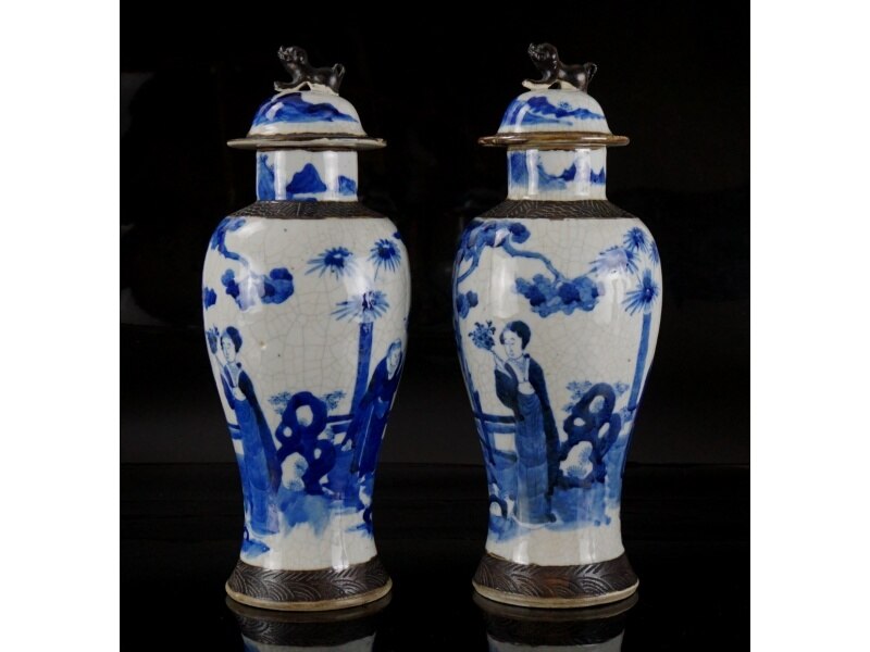 LARGE Pair Chinese Blue and White Crackle Glaze Porcelain Vase & Lid Cover 19thC eBay