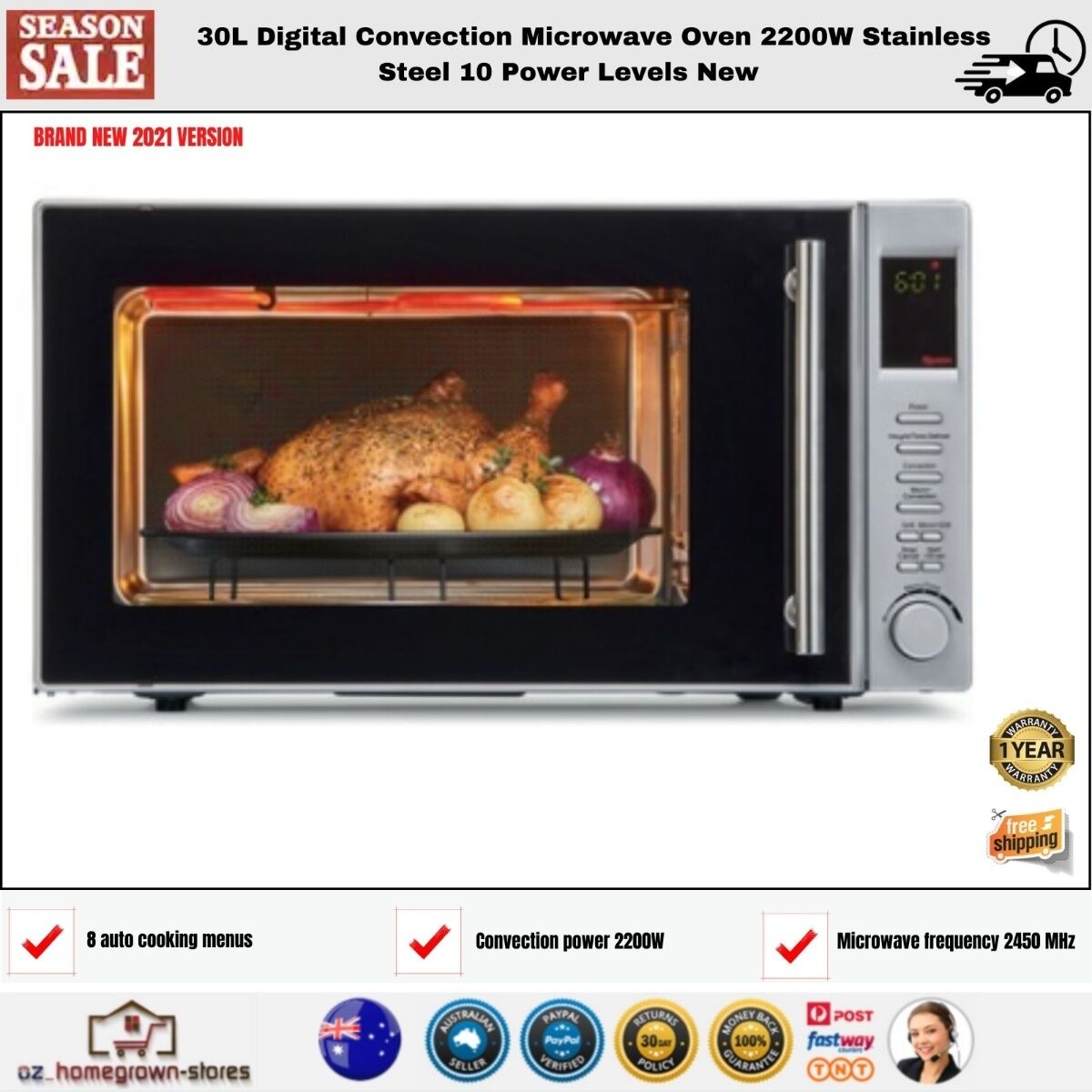 30L Digital Convection Microwave Oven 2200W Stainless Steel 10 Power